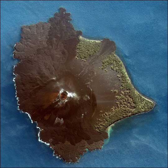 An aerial view of the volcanically active island of Anak Krakatau (Child of Krakatau) in Indonesia.