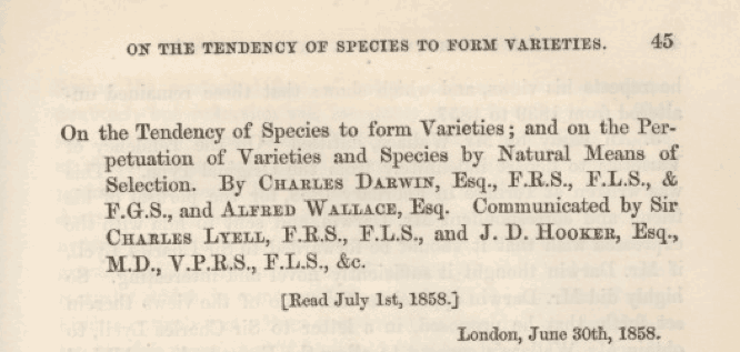 Title page from the combined presentation at the Linnean Society meeting in 1858.